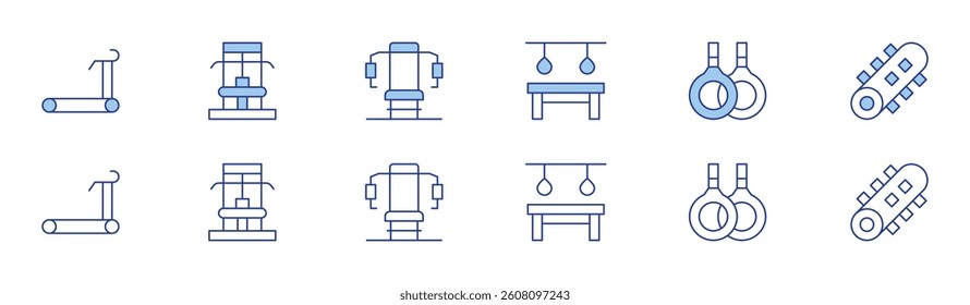 Gym icon set in two styles, Duotone and Thin Line style. Editable stroke. treadmill, gymnastics, gym machine, gym station, roller.