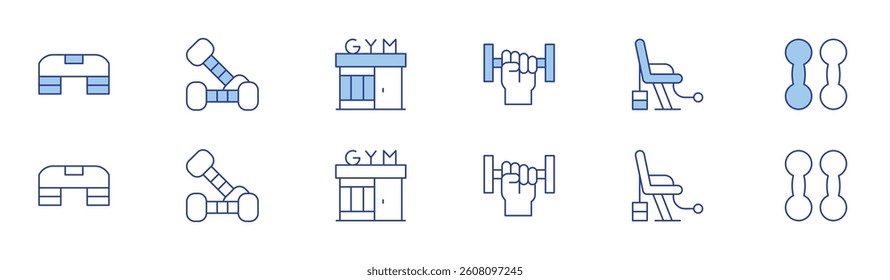 Gym icon set in two styles, Duotone and Thin Line style. Editable stroke. step, fitness, weights, gym station, gym, dumbbells.