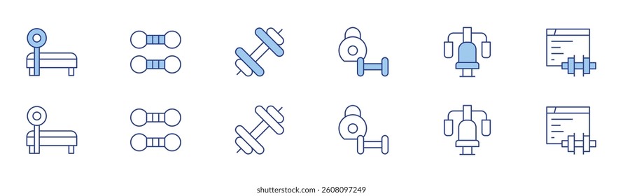 Gym icon set in two styles, Duotone and Thin Line style. Editable stroke. sport, home, dumbbell, gym, blogger.