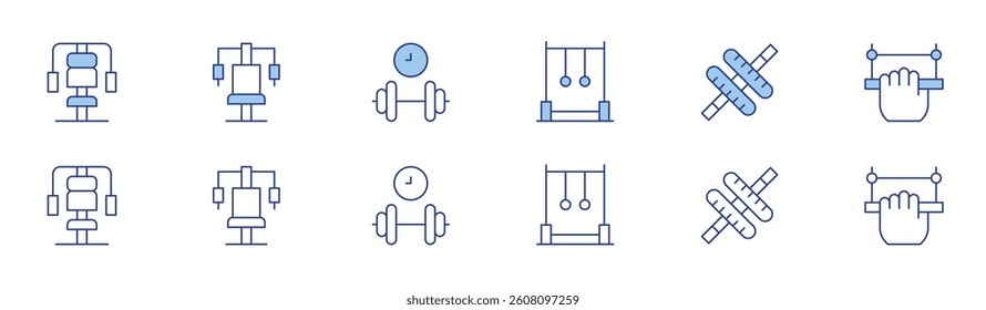 Gym icon set in two styles, Duotone and Thin Line style. Editable stroke. gym machine, gymnastic rings, gym station, dumbbell, wheel, pull up.