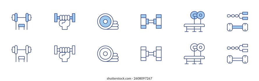 Gym icon set in two styles, Duotone and Thin Line style. Editable stroke. gym machine, bodybuilding, dumbbell, dumbbells, weights, gymnastics.