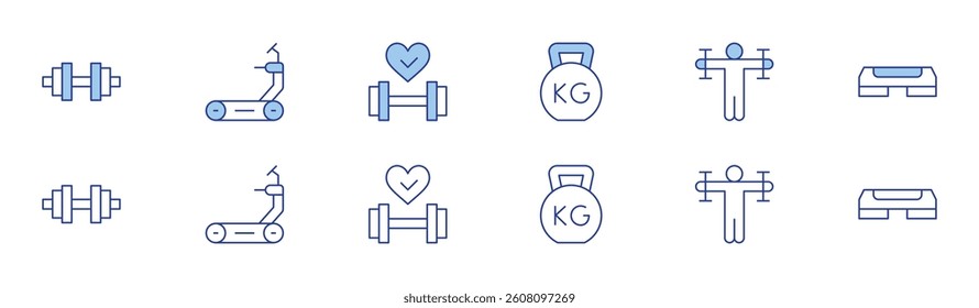 Gym icon set in two styles, Duotone and Thin Line style. Editable stroke. dumbbell, kettlebell, treadmill, weight lifting, fitness, step.