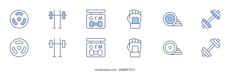 Gym icon set in two styles, Duotone and Thin Line style. Editable stroke. disc, glove, gym machine, weights, gym.