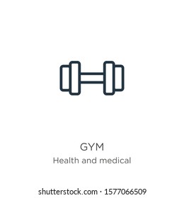 Gym icon. Thin linear gym outline icon isolated on white background from health collection. Line vector sign, symbol for web and mobile