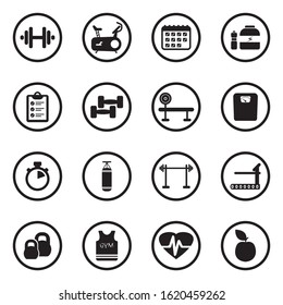 Gym Icons. Black Flat Design In Circle. Vector Illustration.