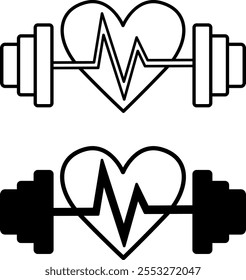 Iconos del gimnasio. Ilustraciones vectoriales blancas y negras. Pulsando Corazón y Barbell. Entrenamiento, Fitness. Concepto deportivo