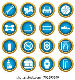 Gym icons blue circle set isolated on white for digital marketing