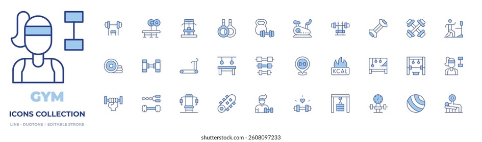 Gym icons collection. Line Duotone style, editable stroke. gym machine, bodybuilding, treadmill, gymnastics, dumbbell, dumbbells, weights, gym station, gym.