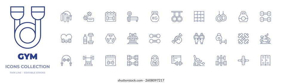 Gym icons collection. Thin Line icons, editable stroke. sport, dumbbell, calendar, lockers, home, workout, weightlifting, rings, barbell, gymnastics, locker.