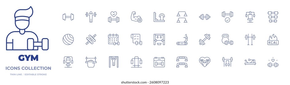 Gym icons collection. Thin Line icons, editable stroke. pull up, wheel, weight lifting, gym machine, gym, yoga ball, push up bar, dumbbell, parallels.