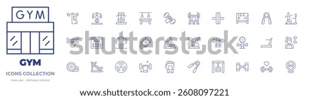 Gym icons collection. Thin Line icons, editable stroke. roller, exercise, dumbbell, reformer, gymnastics, bodybuilding, gym machine, gym, leg press, disc.