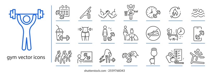 gym icons, fitness icon set, sport simple symbols, line vector illustration, outline editable stroke
