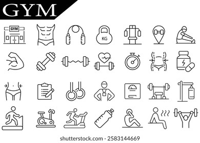 GYM Icons, Fitness icon vector set. gym, sports equipment, exercises icon vector set. Fitness icons set. Healthy lifestyle symbols. Vector illustration in modern thin line style.