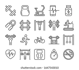 Gym icons. Fitness and Gym line icon set. Vector illustration. Editable stroke.