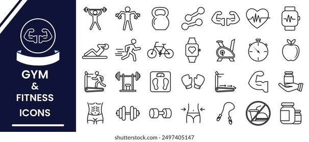 Gym Icons, Fitness line icon, vector, silhouette. Fitness and Gym Line Editable Icons set. Physical exercise, Wellness, health, exercise, fit, icon. Outline of gym, fitness icon. Vector illustration.