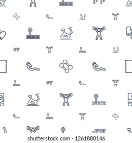 gym icons pattern seamless white background. Included editable outline exercise bike, dumbbell, horizontal bar, fintess equipment, abdoninal workout icons. gym icons for web and mobile.