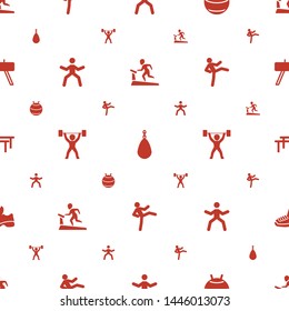 gym icons pattern seamless white background. Included editable filled treadmill, boxing bag, fit ball, man doing exercises, power lifter, horizontal bar icons. gym icons for web and mobile.