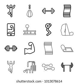 Gym icons. set of 16 editable outline gym icons such as barbell, man doing exercises, fitness carpet, muscular arm  on phone, muscular arm, barbell   isolated, dumbbell