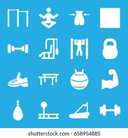 Gym icons set. set of 16 gym filled icons such as barbell, slim, carpet, treadmill, bar   tightening, muscular arm, trainers, horizontal bar, fintess equipment, fit ball, yoga