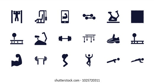 Gym icons. set of 18 editable filled gym icons: exercise bike, carpet, barbell, fintess equipment, man doing exercises, gym equipment, push up, bar   tightening
