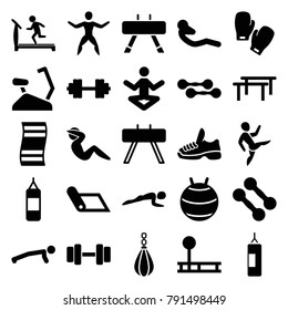 Gym icons. set of 25 editable filled gym icons such as treadmill, dumbbell, fintess equipment, boxing bag, fit ball, horizontal bar, man doing exercises, yoga, carpet