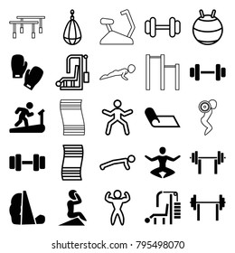 Gym icons. set of 25 editable filled and outline gym icons such as man on treadmill, barbell, boxing gloves, fit ball, man doing exercises, fitness carpet, gym equipment