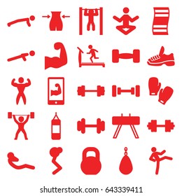 Gym icons set. set of 25 gym filled icons such as treadmill, barbell, slim, push up, bar   tightening, abdoninal workout, bodybuilder, muscular arm  on phone, muscular arm