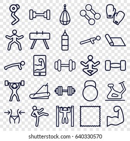 Gym icons set. set of 25 gym outline icons such as barbell, slim, exercise bike, carpet, treadmill, push up, bar   tightening, kettle, muscular arm  on phone, muscular arm