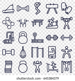 Gym icons set. set of 25 gym outline icons such as treadmill, barbell, slim, bar   tightening, bodybuilder, kettle, muscular arm  on phone, power lifter, boxing gloves