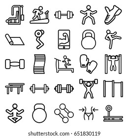 Gym icons set. set of 25 gym outline icons such as treadmill, slim, bar   tightening, barbell, kettle, muscular arm  on phone, power lifter, trainers, boxing gloves