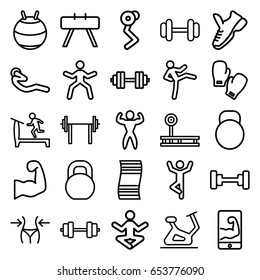 Gym icons set. set of 25 gym outline icons such as treadmill, barbell, slim, exercise bike, abdoninal workout, bodybuilder, kettle, muscular arm  on phone, muscular arm