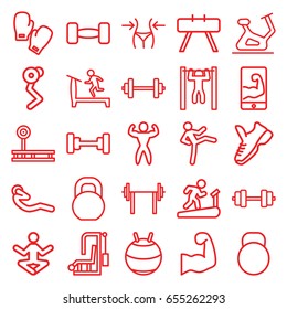 Gym icons set. set of 25 gym outline icons such as treadmill, barbell, slim, exercise bike, bar   tightening, abdoninal workout, bodybuilder, kettle, muscular arm  on phone