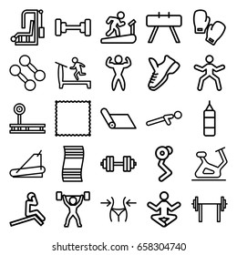 Gym icons set. set of 25 gym outline icons such as treadmill, barbell, slim, exercise bike, carpet, push up, bodybuilder, power lifter, trainers, boxing gloves