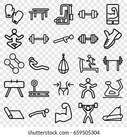 Gym icons set. set of 25 gym outline icons such as treadmill, slim, exercise bike, push up, abdoninal workout, muscular arm  on phone, muscular arm, power lifter, trainers