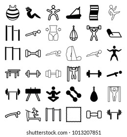 Gym icons. set of 36 editable filled and outline gym icons such as barbell, dumbbell, horizontal bar, fintess equipment, yoga, fitness carpet, boxing bag, treadmill, push up