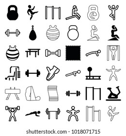 Gym icons. set of 36 editable filled and outline gym icons such as exercise bike, barbell, horizontal bar, fintess equipment, boxing bag, man doing exercises, push up, kettle