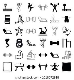 Gym icons. set of 36 editable filled and outline gym icons such as slim, exercise bike, fintess equipment, man doing exercises, barbell, carpet, fitness carpet, power lifter