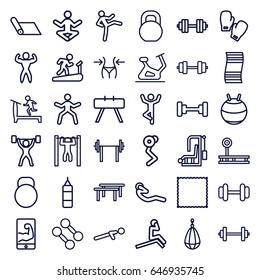 Gym icons set. set of 36 gym outline icons such as treadmill, barbell, slim, exercise bike, carpet, push up, bar   tightening, abdoninal workout, bodybuilder, kettle