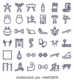 Gym icons set. set of 36 gym outline icons such as treadmill, barbell, slim, carpet, push up, bar   tightening, abdoninal workout, bodybuilder, kettle, muscular arm  on phone