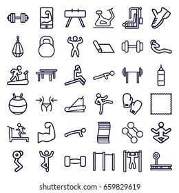 Gym icons set. set of 36 gym outline icons such as treadmill, slim, exercise bike, carpet, barbell, push up, bar   tightening, abdoninal workout, bodybuilder