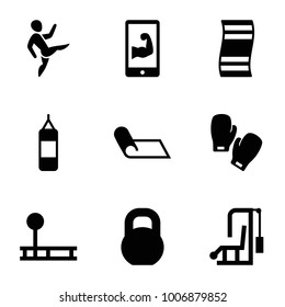 Gym icons. set of 9 editable filled gym icons such as fintess equipment, boxing bag, fitness carpet, gym equipment, barbell, muscular arm  on phone, boxing gloves