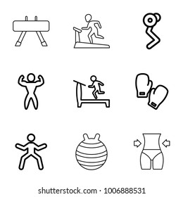 Gym icons. set of 9 editable outline gym icons such as treadmill, man doing exercises, bodybuilder, boxing gloves, slim, fit ball