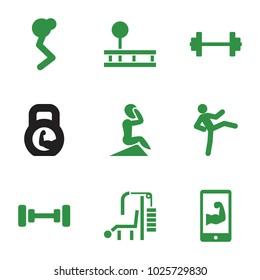 Gym icons. set of 9 editable filled gym icons such as barbell, man doing exercises, muscular arm  on phone, fintess equipment