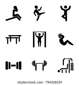 Gym icons. set of 9 editable filled gym icons such as horizontal bar, man doing exercises, barbell, gym equipment, bar   tightening