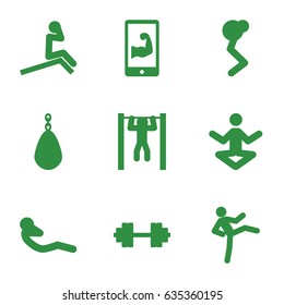 Gym icons set. set of 9 gym filled icons such as bar   tightening, abdoninal workout, muscular arm  on phone, barbell   isolated, man doing exercises, yoga
