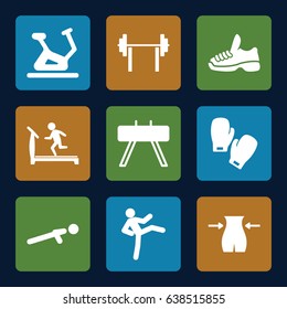 Gym icons set. set of 9 gym filled icons such as treadmill, slim, exercise bike, push up, trainers, boxing gloves, fintess equipment, man doing exercises