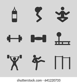 Gym icons set. set of 9 gym filled icons such as barbell, power lifter, horizontal bar, fintess equipment, boxing bag, man doing exercises