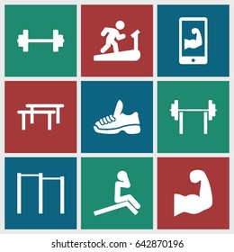 Gym icons set. set of 9 gym filled icons such as muscular arm  on phone, muscular arm, trainers, barbell, horizontal bar, man doing exercises