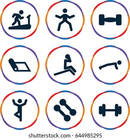 Gym icons set. set of 9 gym filled icons such as barbell, dumbbell, man doing exercises, man on treadmill