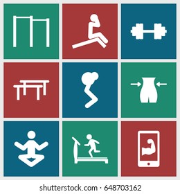 Gym icons set. set of 9 gym filled icons such as treadmill, slim, muscular arm  on phone, barbell   isolated, horizontal bar, man doing exercises